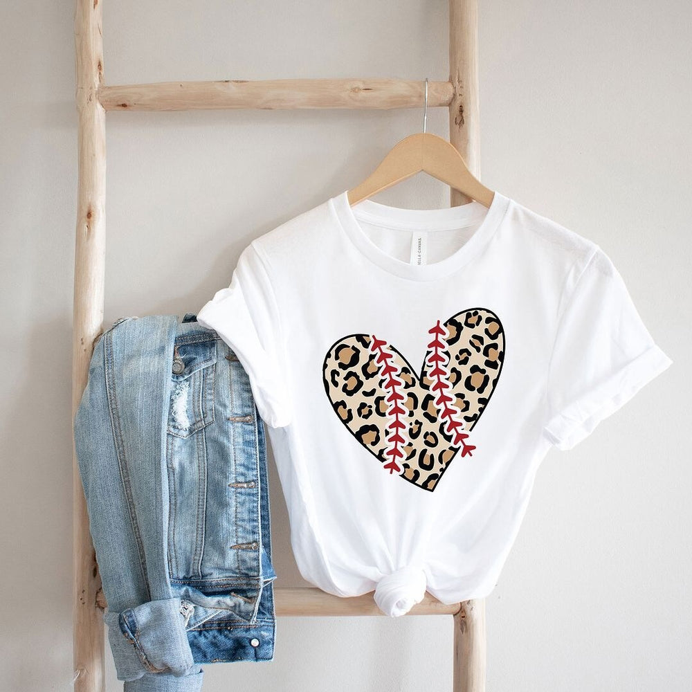 Leopard Baseball Heart Short Sleeve Crewnneck Tee