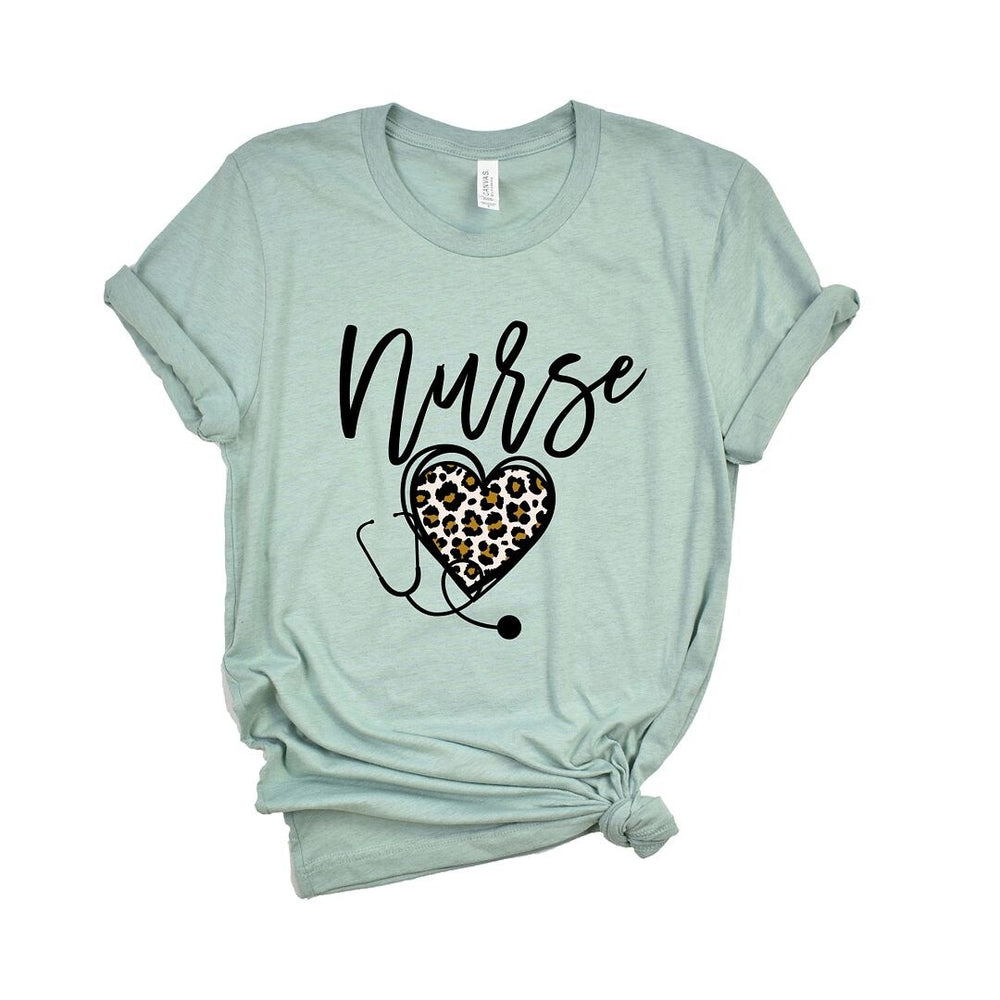 Leopard Nurse Heart Short Sleeve Crewnneck Tee