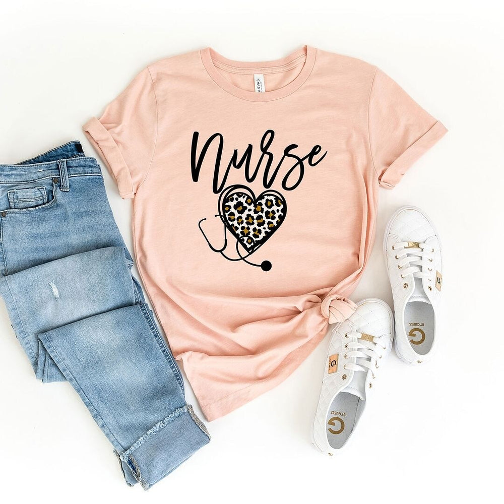 Leopard Nurse Heart Short Sleeve Crewnneck Tee