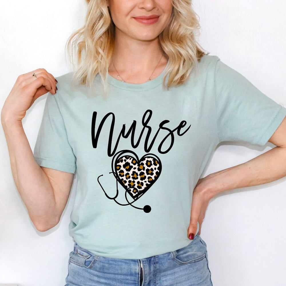 Leopard Nurse Heart Short Sleeve Crewnneck Tee