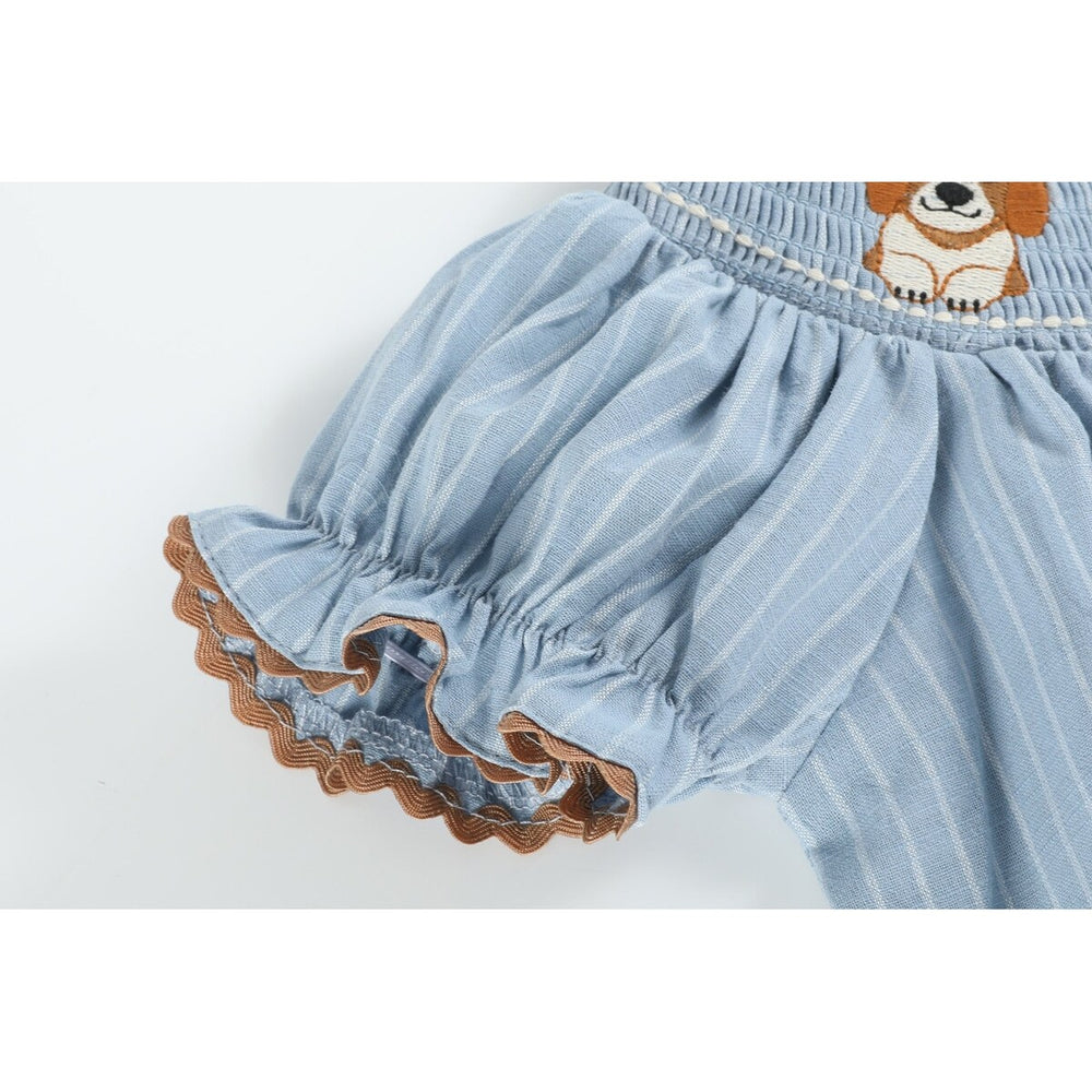 Light Blue Puppy Smocked Bishop Dress