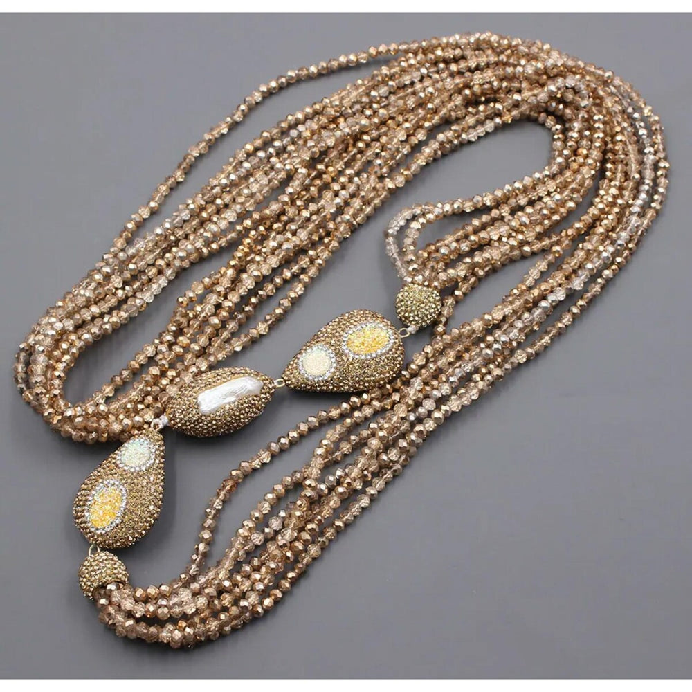 Long 7 Strand Golden CZ Natural White Keshia Pearl Long Statement Necklace