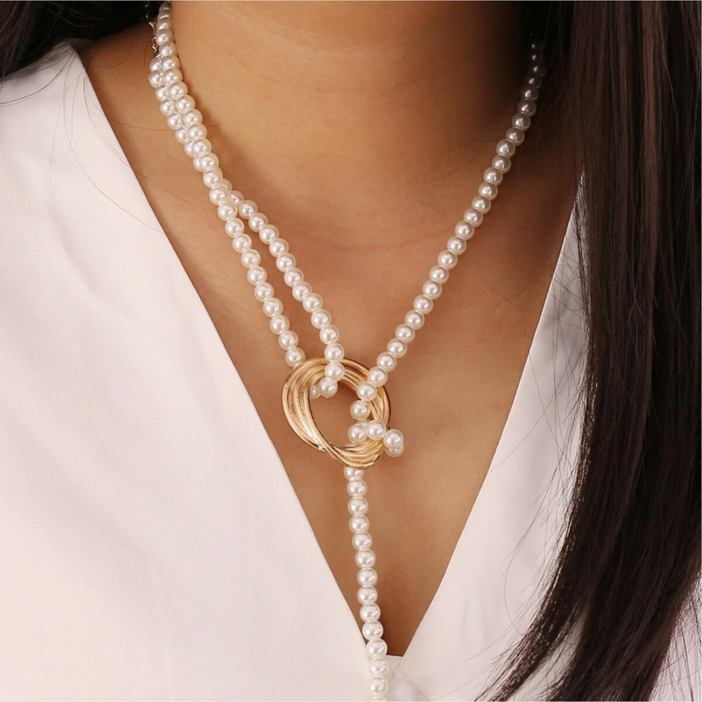 Long Imitation Pearl Necklace With Ring - White