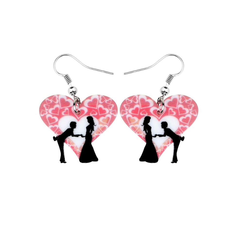 Man Woman Black Silhouette And Pink Heart Drop Earrings