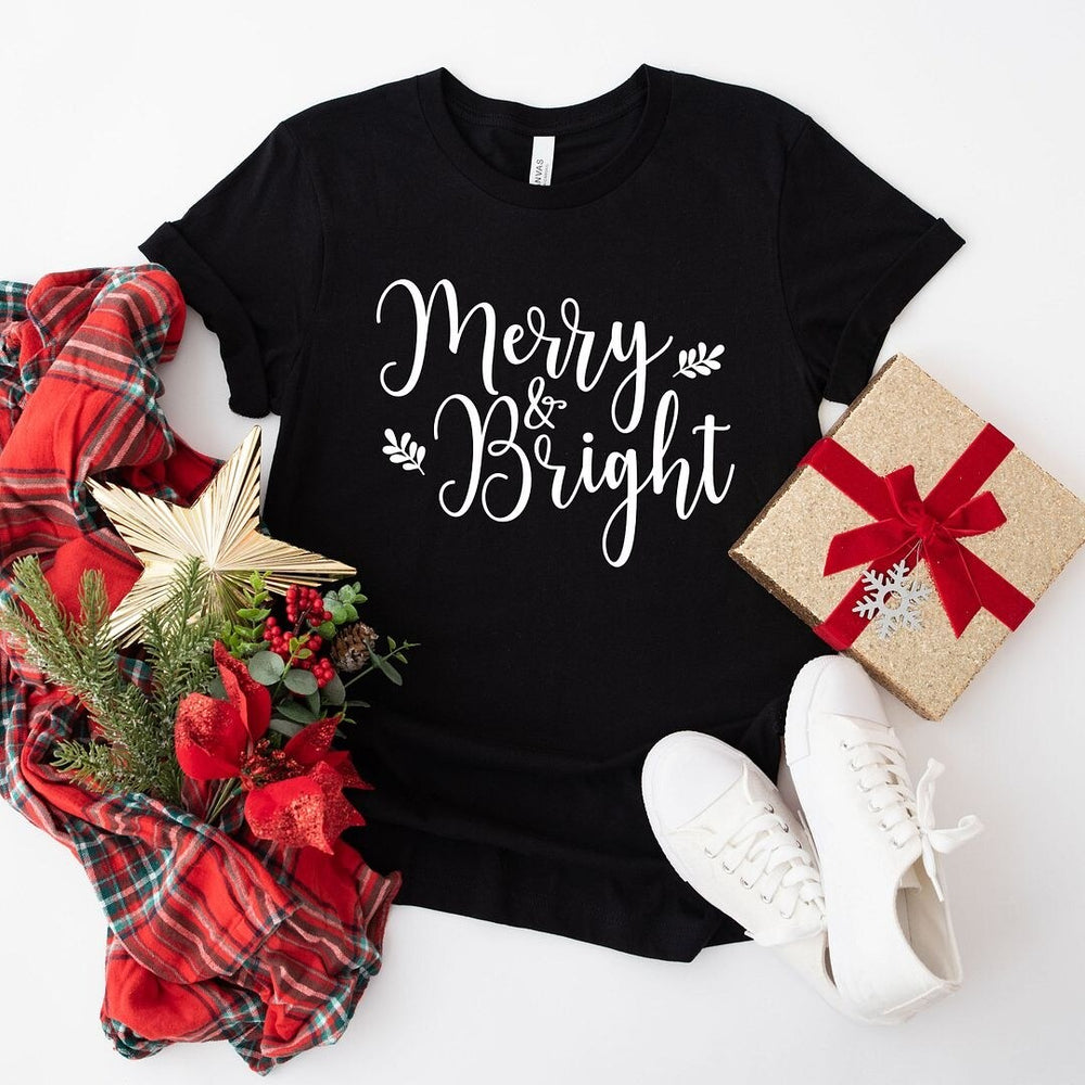 Merry And Bright Cursive Short Sleeve Crewnneck Tee