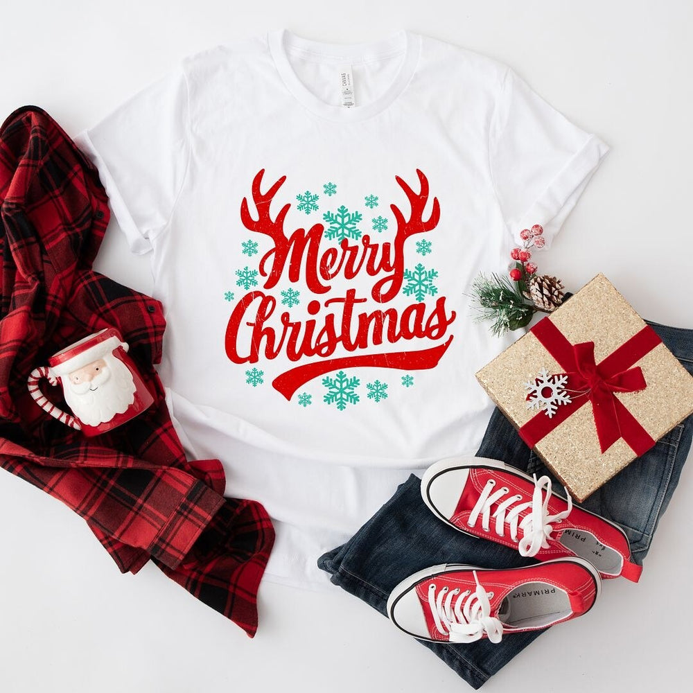 Merry Christmas Antlers Short Sleeve Crewnneck Tee