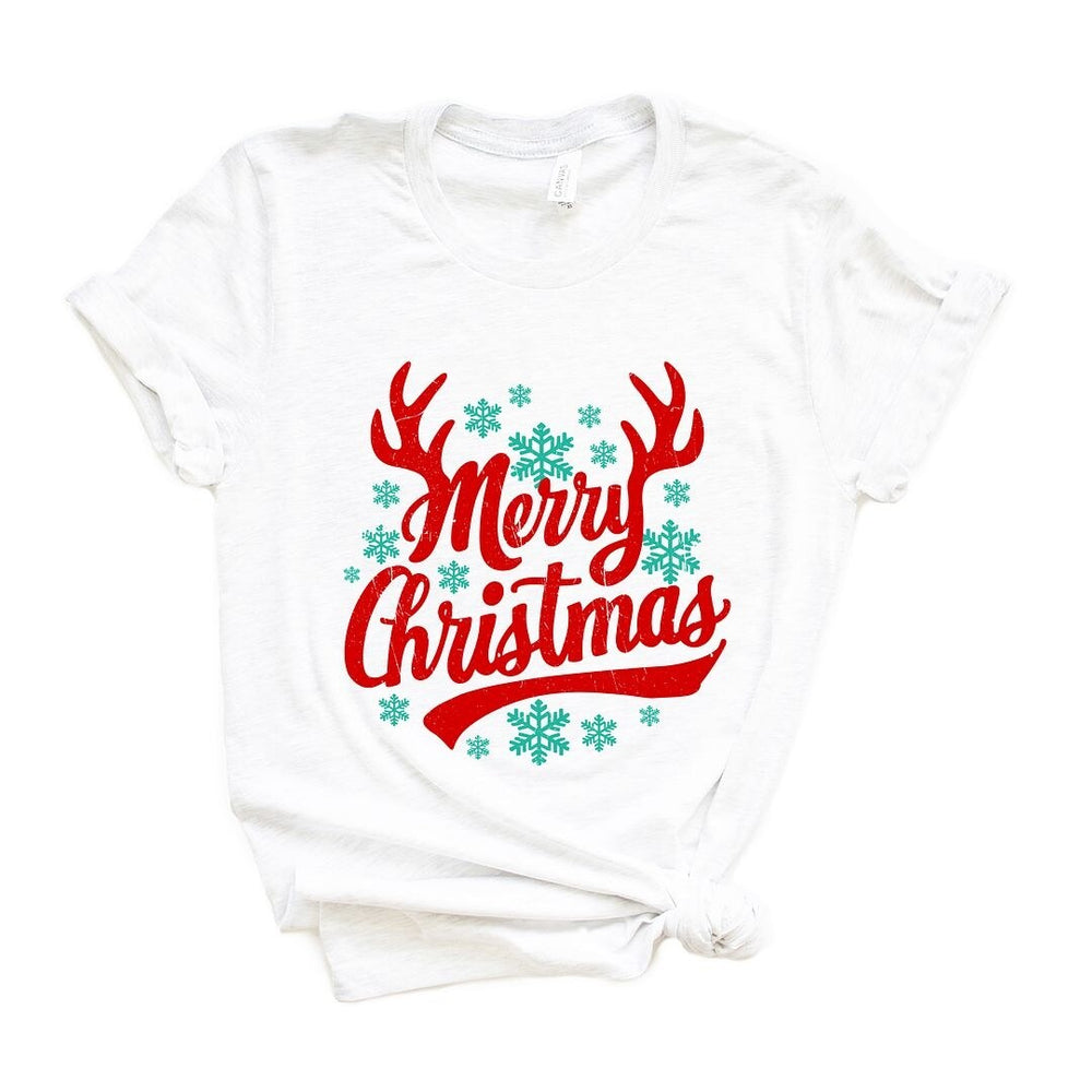 Merry Christmas Antlers Short Sleeve Crewnneck Tee