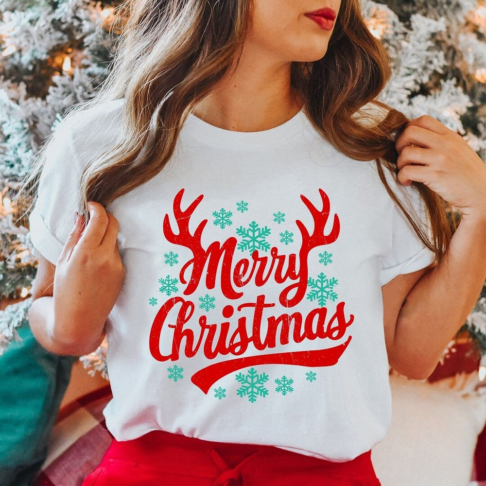 Merry Christmas Antlers Short Sleeve Crewnneck Tee