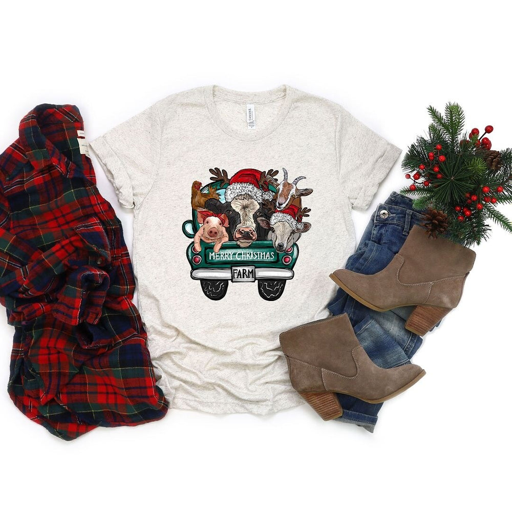 Merry Christmas Farm Truck Short Sleeve Crewnneck Tee