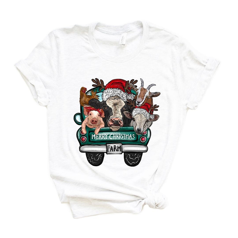 Merry Christmas Farm Truck Short Sleeve Crewnneck Tee