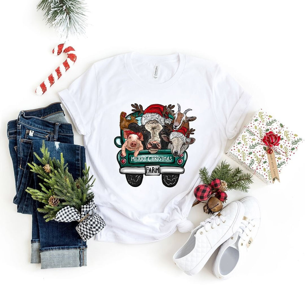 Merry Christmas Farm Truck Short Sleeve Crewnneck Tee