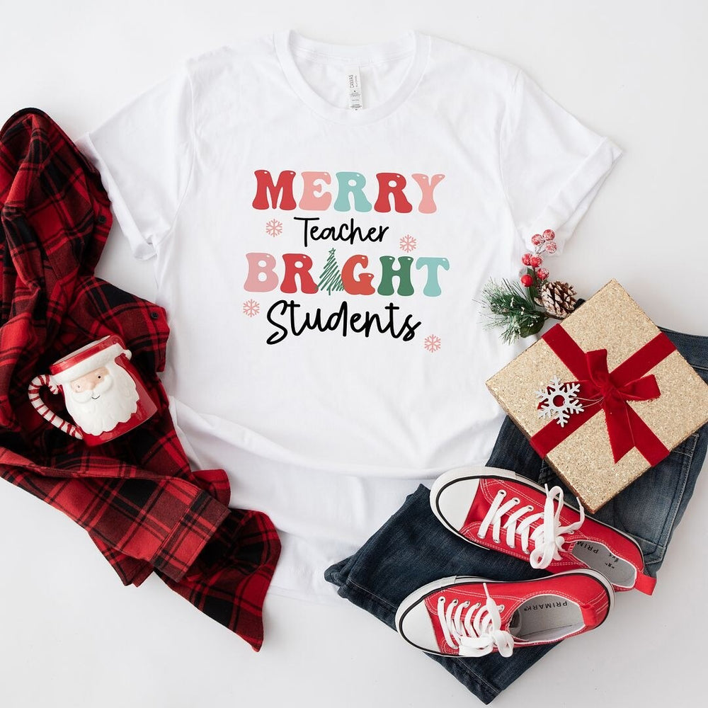 Merry Teacher Bright Students Short Sleeve Crewnneck Tee