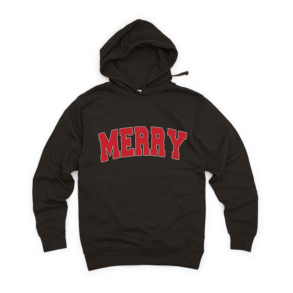 Merry Varsity White Outline Graphic Hoodie