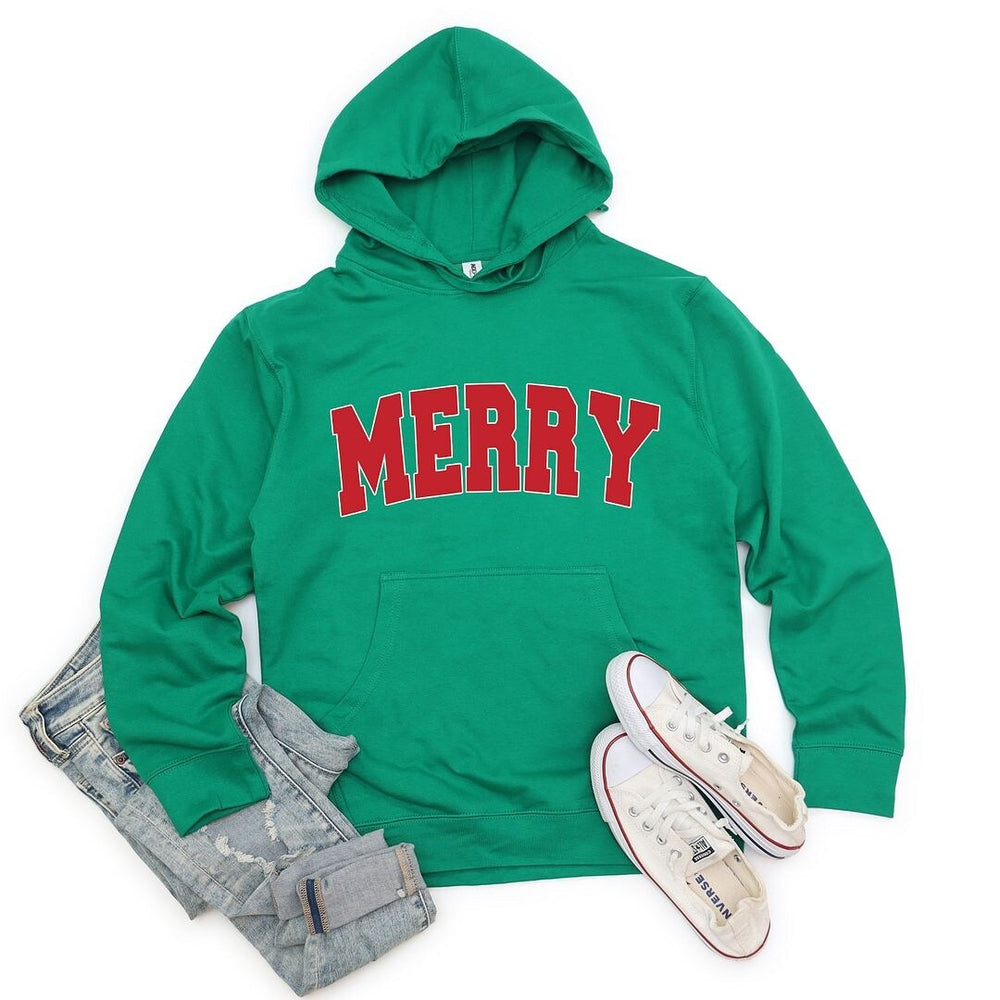 Merry Varsity White Outline Graphic Hoodie