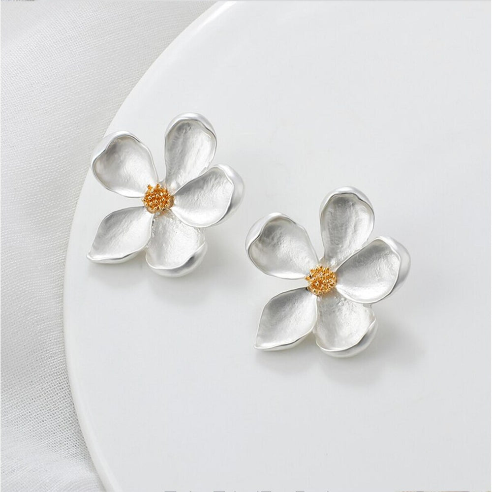 Metallic Silver Flower Statement Earrings