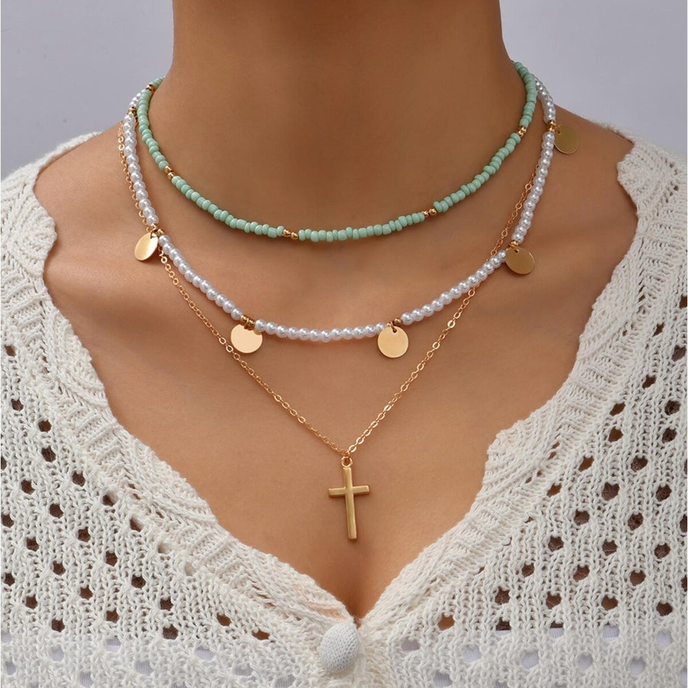 Mint Green Imitation Pearl Layered Cross Necklace - White