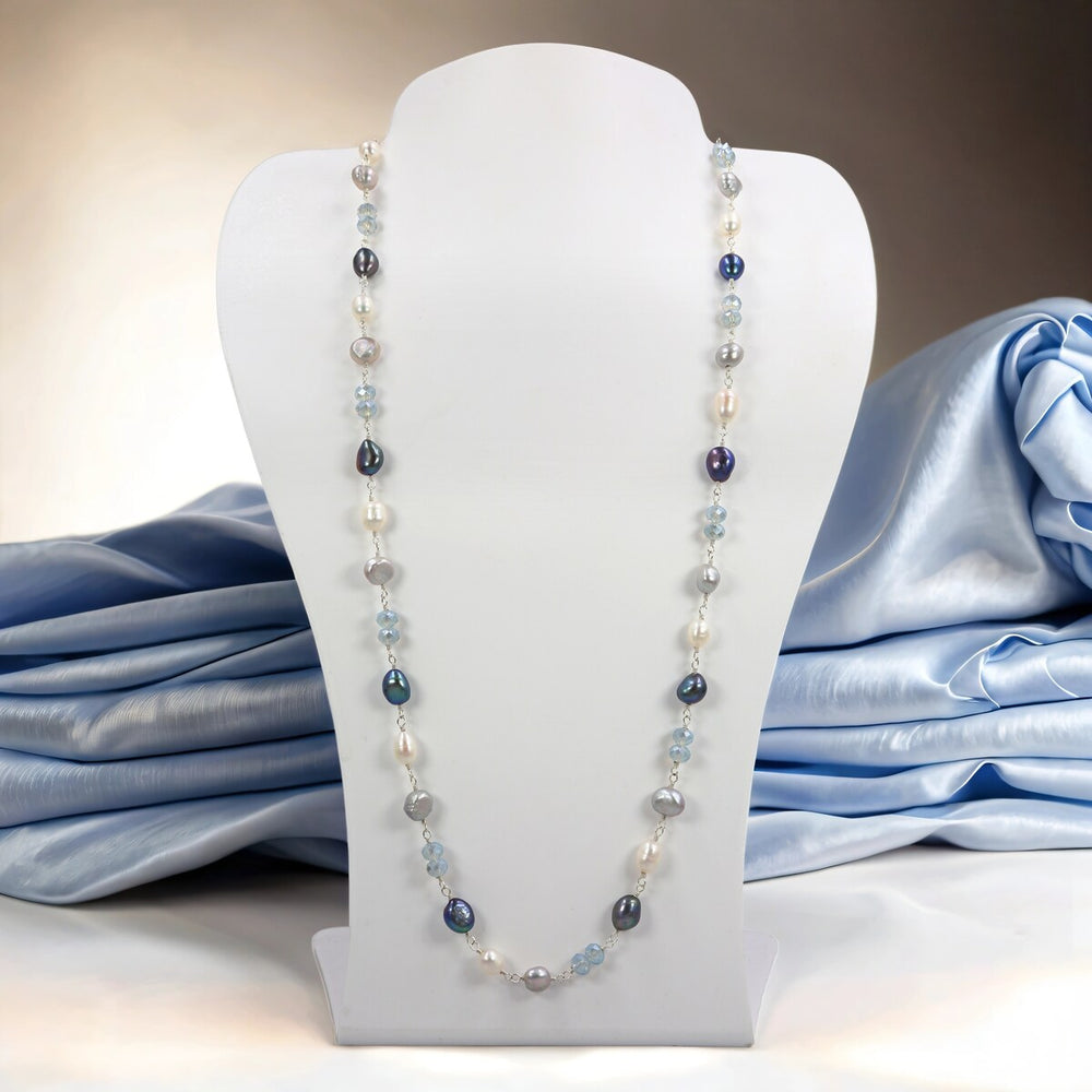 Multi-Color Cultured Freshwater Pearl and Iridescent Beaded Wire Long Layering Station Necklace