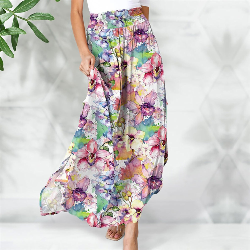 Multi Color Floral Print Smocked Elastic Waist Maxi Skirt