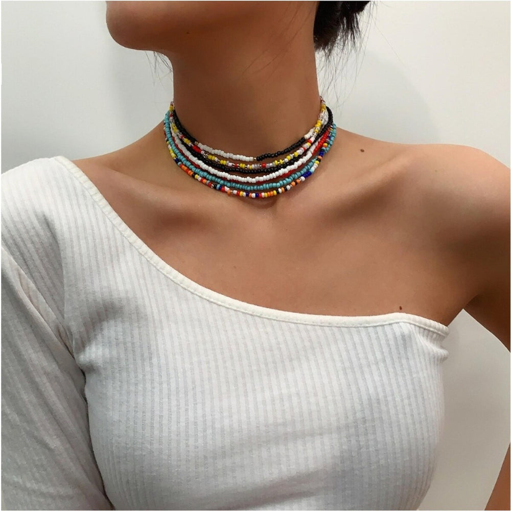 Multi Colored Beaded Choker Necklace Set - White