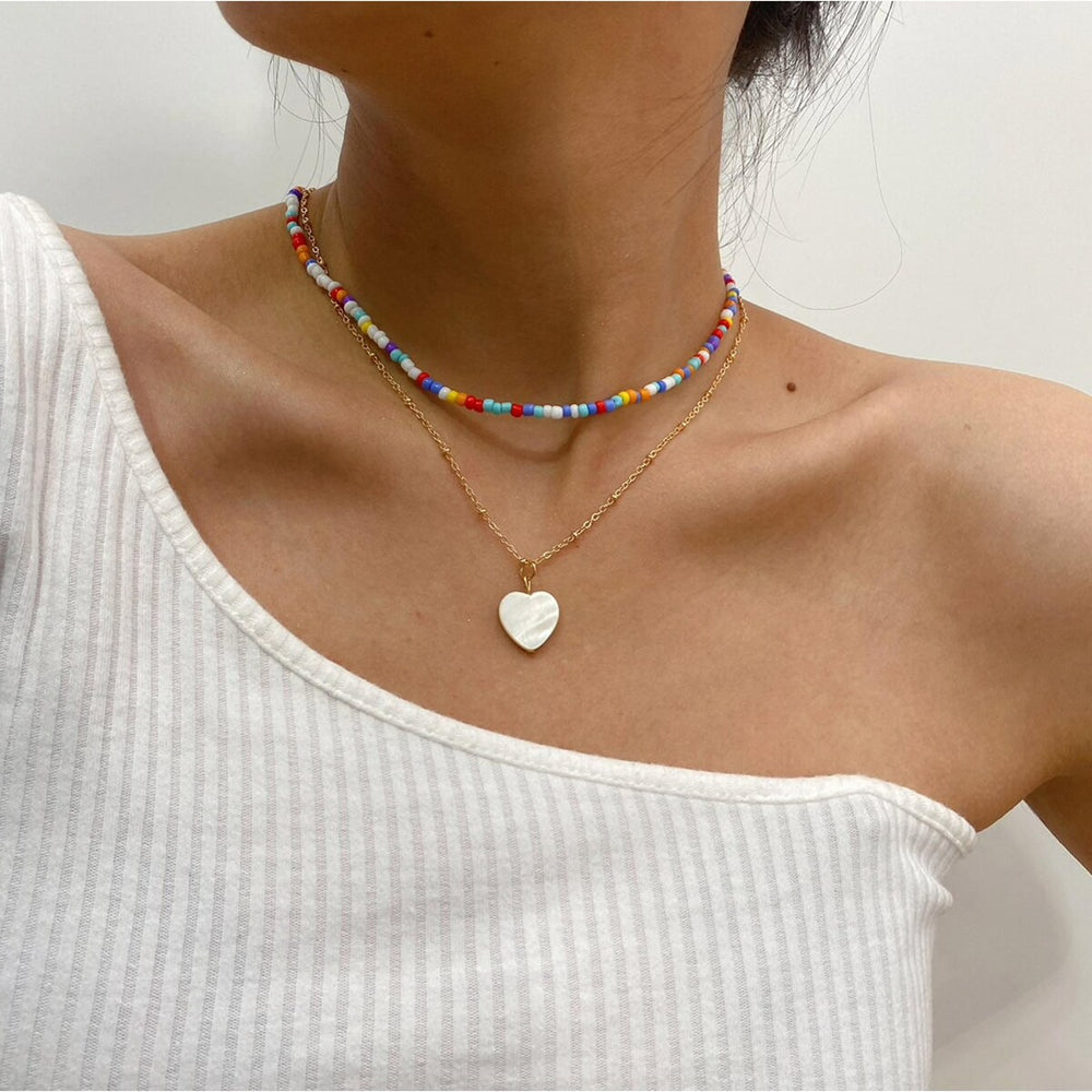 Multi Colored Beaded Goldtone Heart Layered Necklace - White