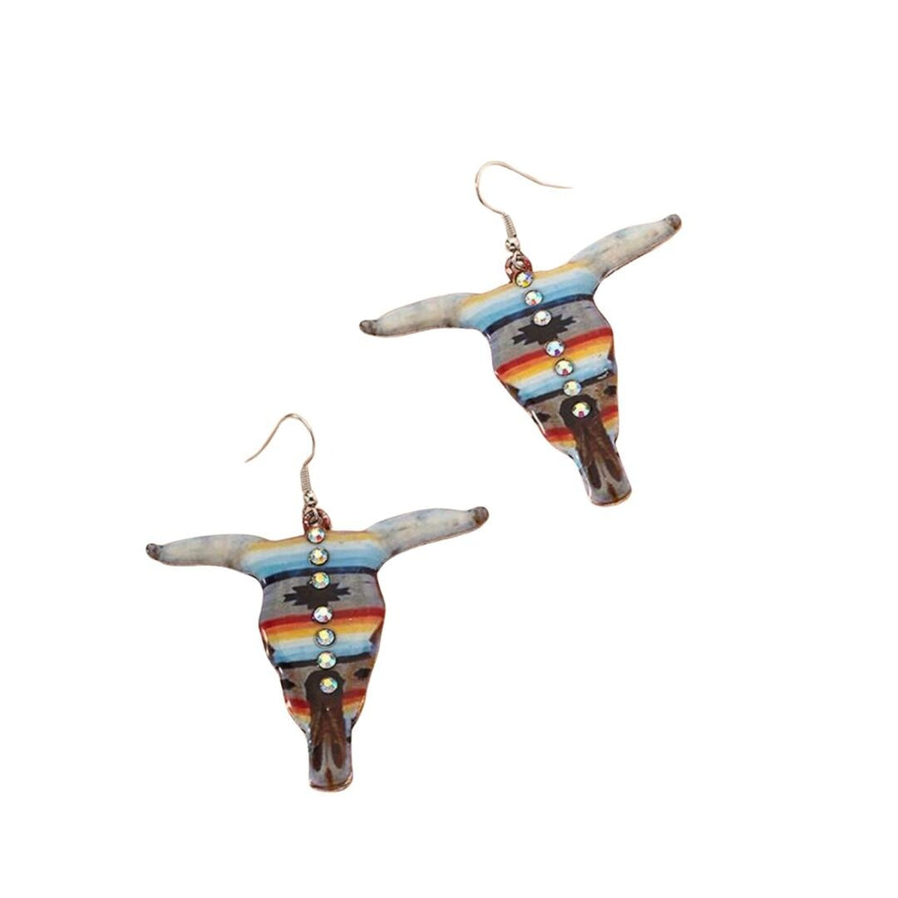 Multi Colored Crystal Long Horn Skull Drop Earrings