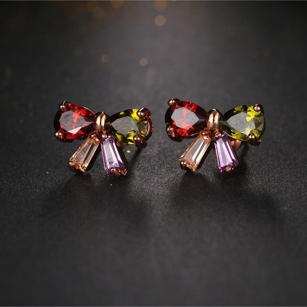 Multi Colored Cubic Zirconia Bow Stud Earrings