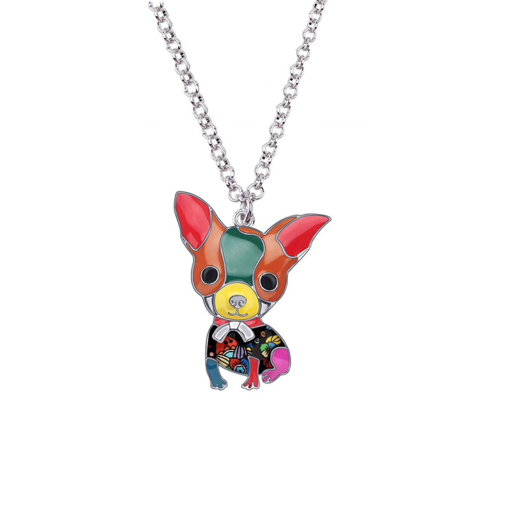 Multi Colored Enamel Chihuahua Necklace - White