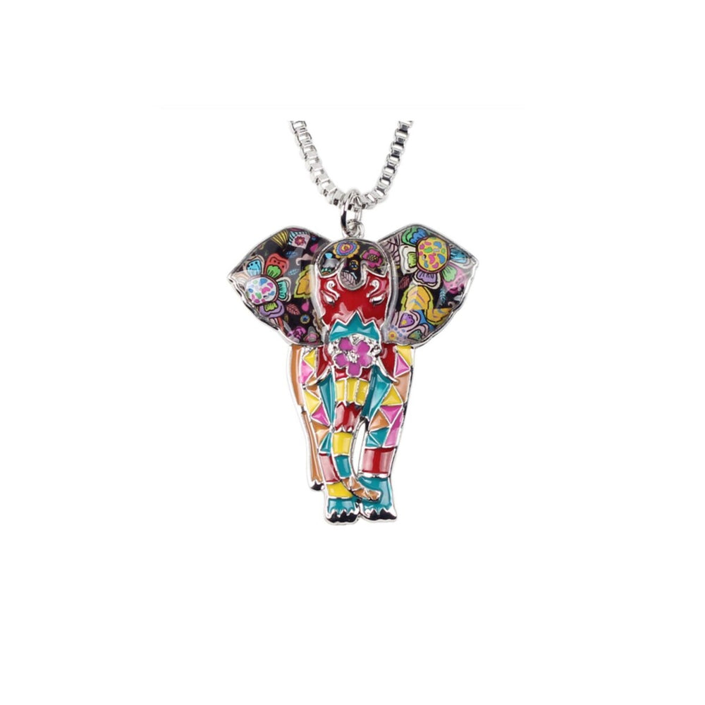 Multi Colored Enamel Elephant Pendant Necklace - White