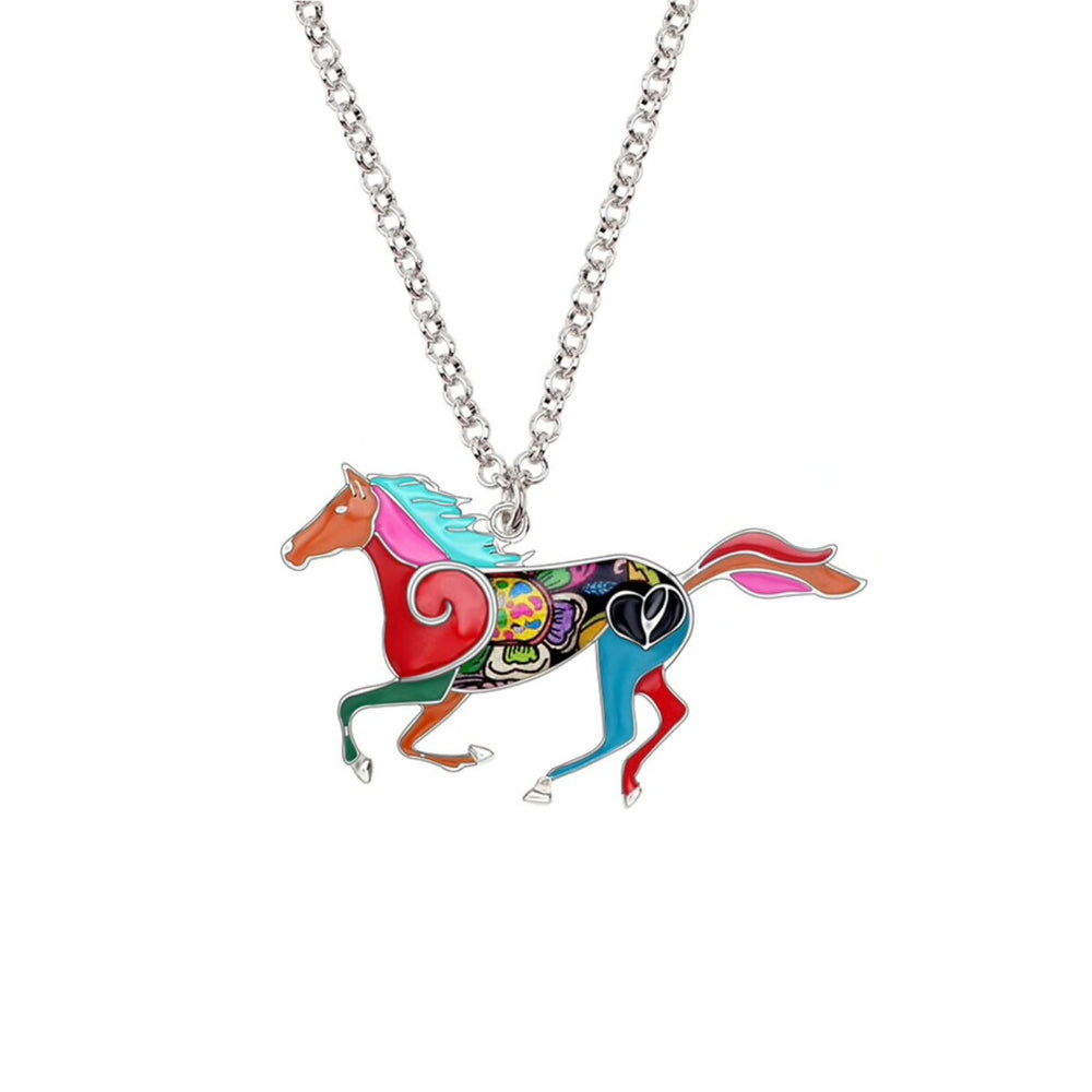 Multi Colored Enamel Horse Pendant Necklace - White