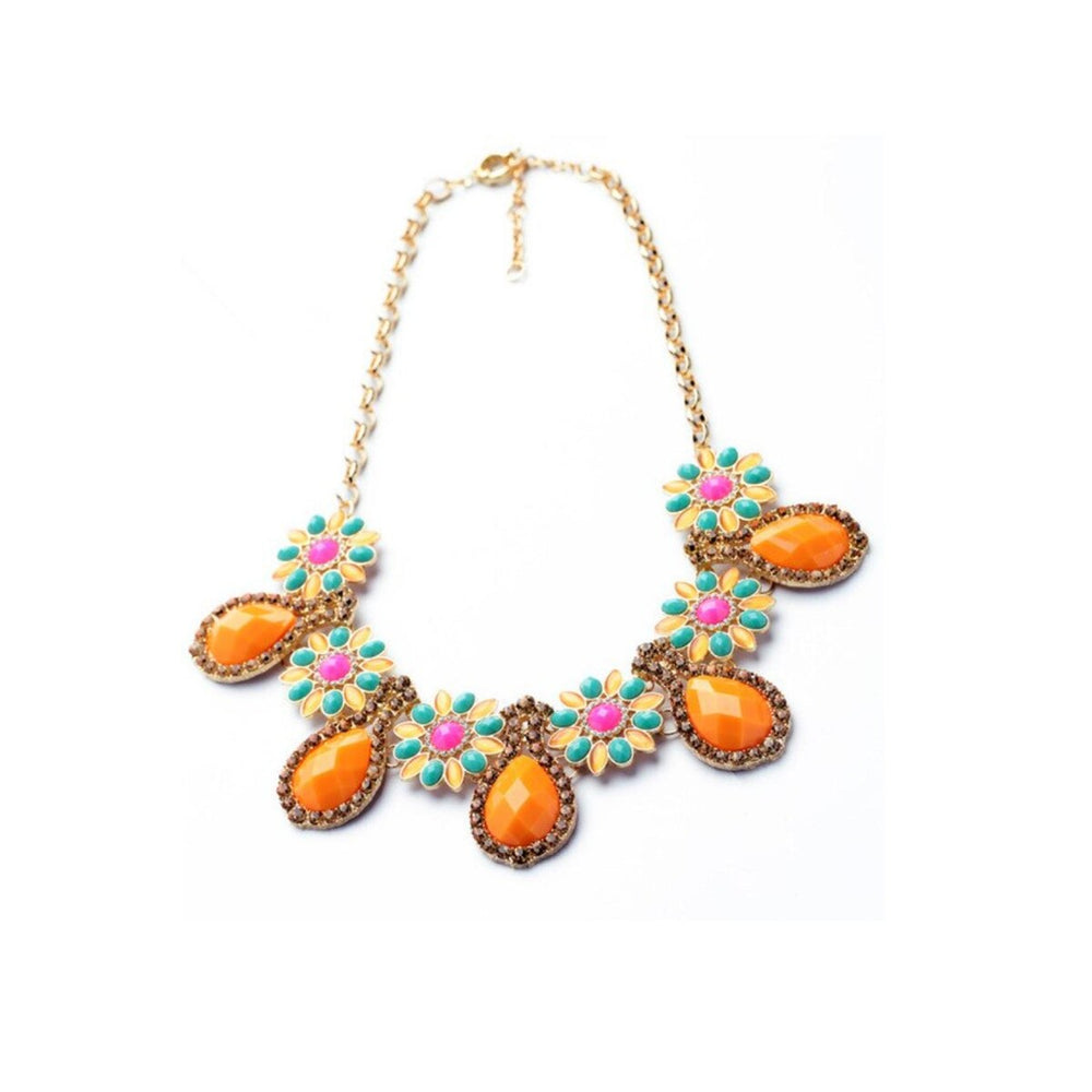 Multi Colored Floral Orange Teardrop Statement Necklace - White