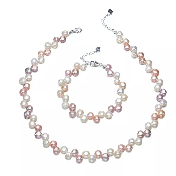 Multi Colored Freshwater Pearl Necklace Bracelet Set - White