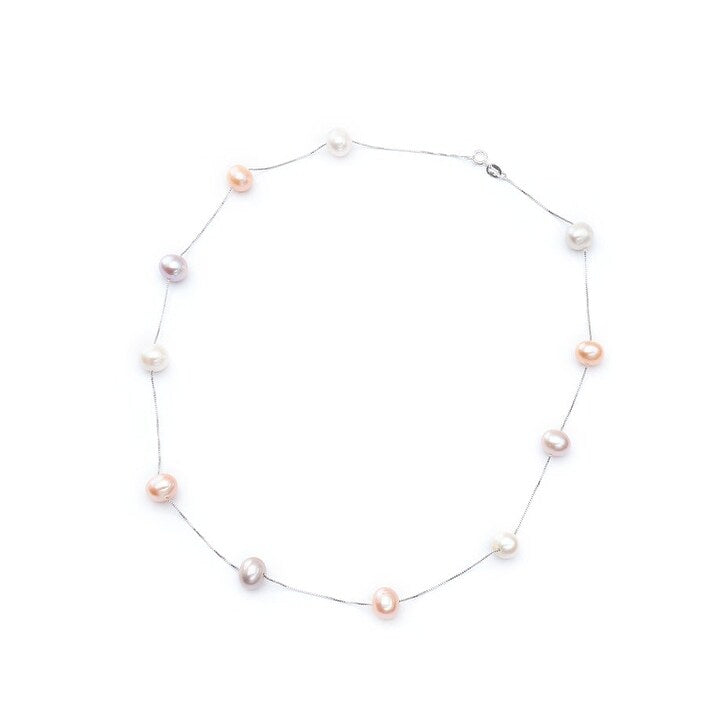 Multi Colored Freshwater Pearl Station Chain Necklace - White