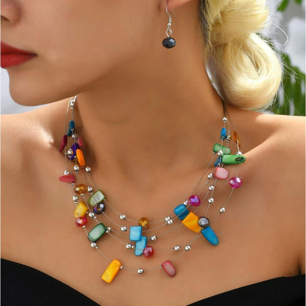 Multi Colored Geometric Layered Necklace with Black Faceted Drop Earrings Set - White