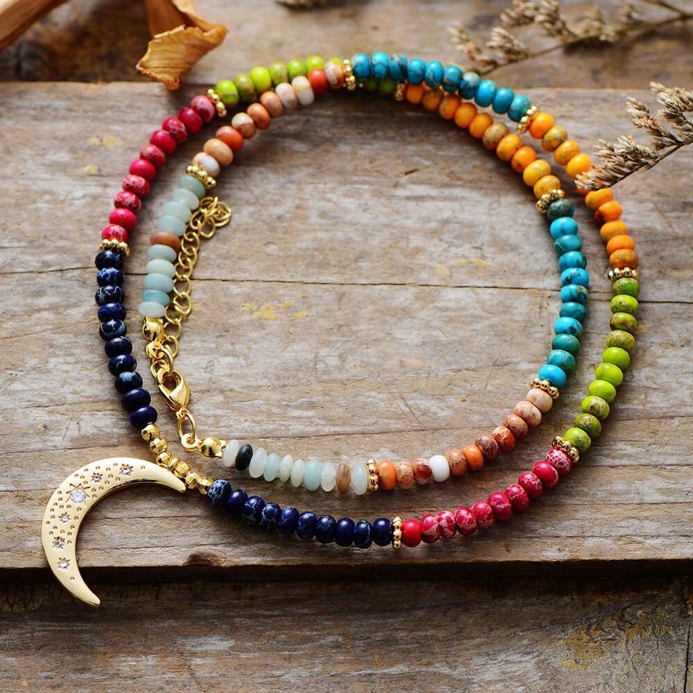 Multi Colored Jasper Beaded Necklace With Crescent Moon - White