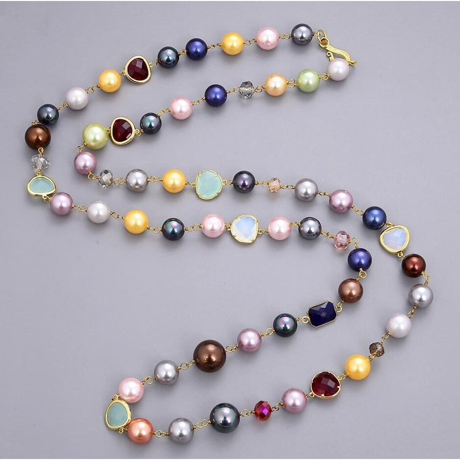 Multi Colored Sea Shell Pearl Long Necklace - White