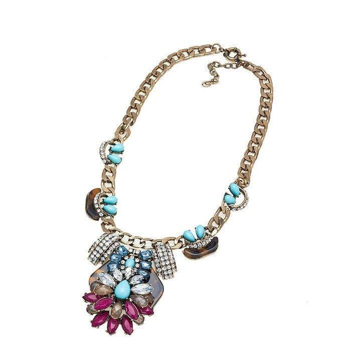 Multi Colored Statement Floral Necklace - White