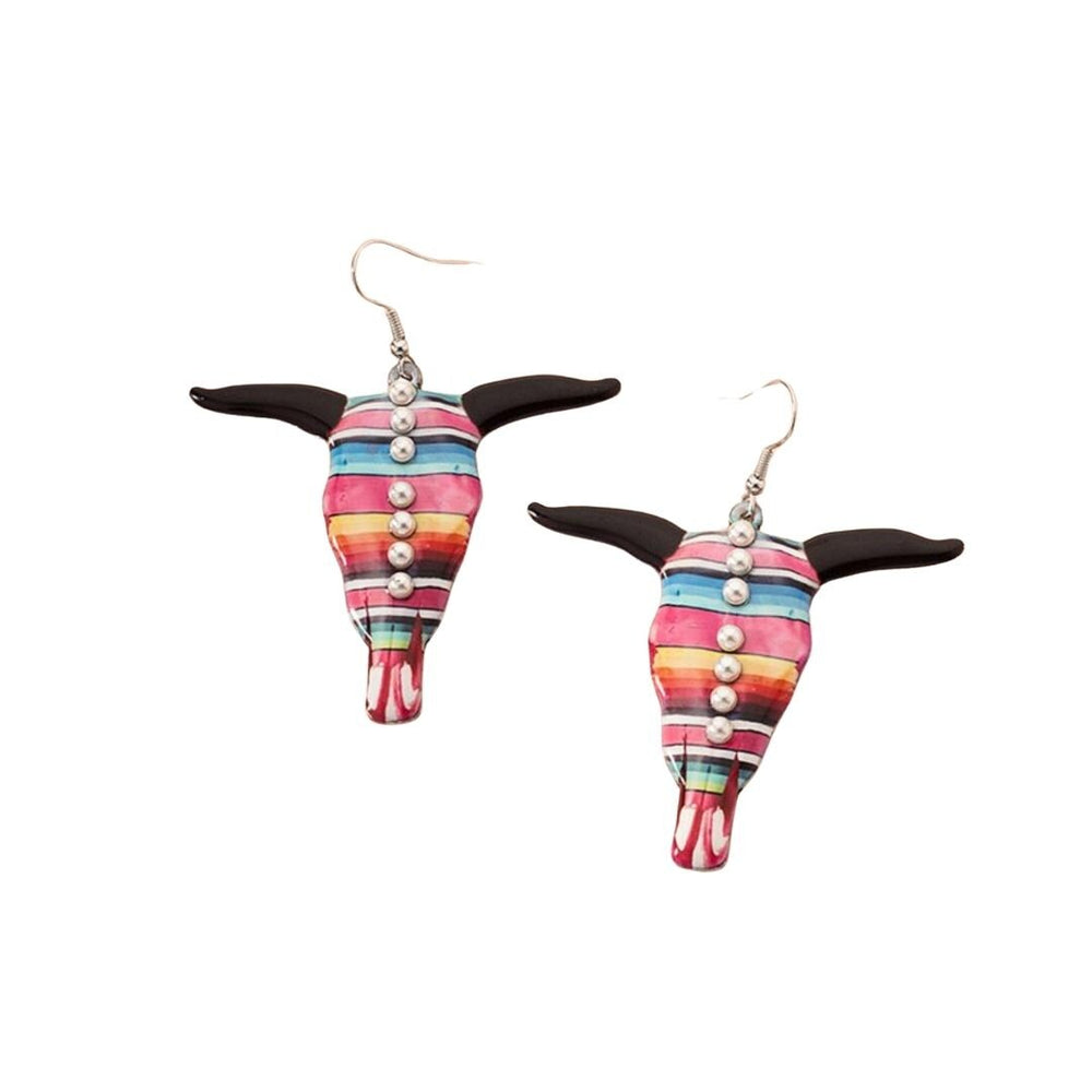 Multi Colored Striped Imitation Pearl Longhorn Skull Drop Earrings