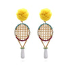 Multi Colored Tennis Racket Drop Earrings With Yellow Pom Pom