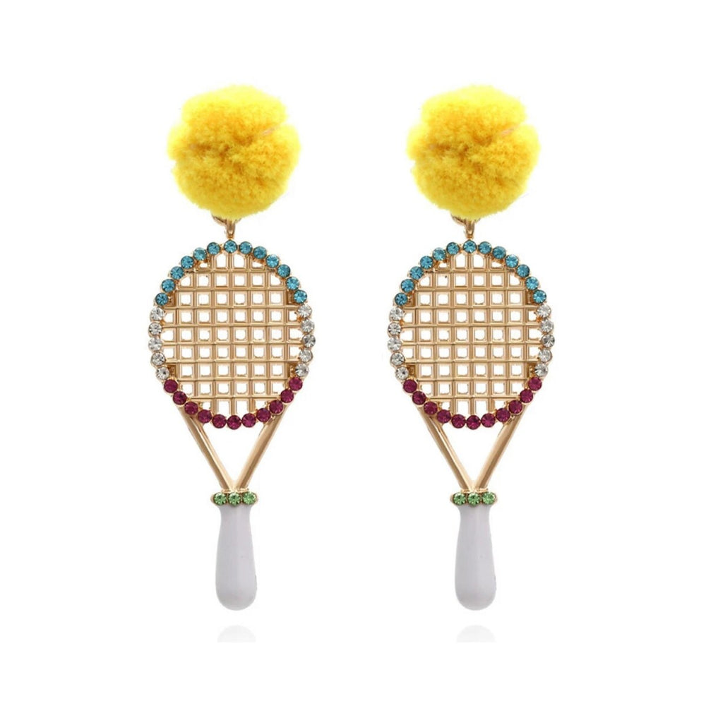 Multi Colored Tennis Racket Drop Earrings With Yellow Pom Pom