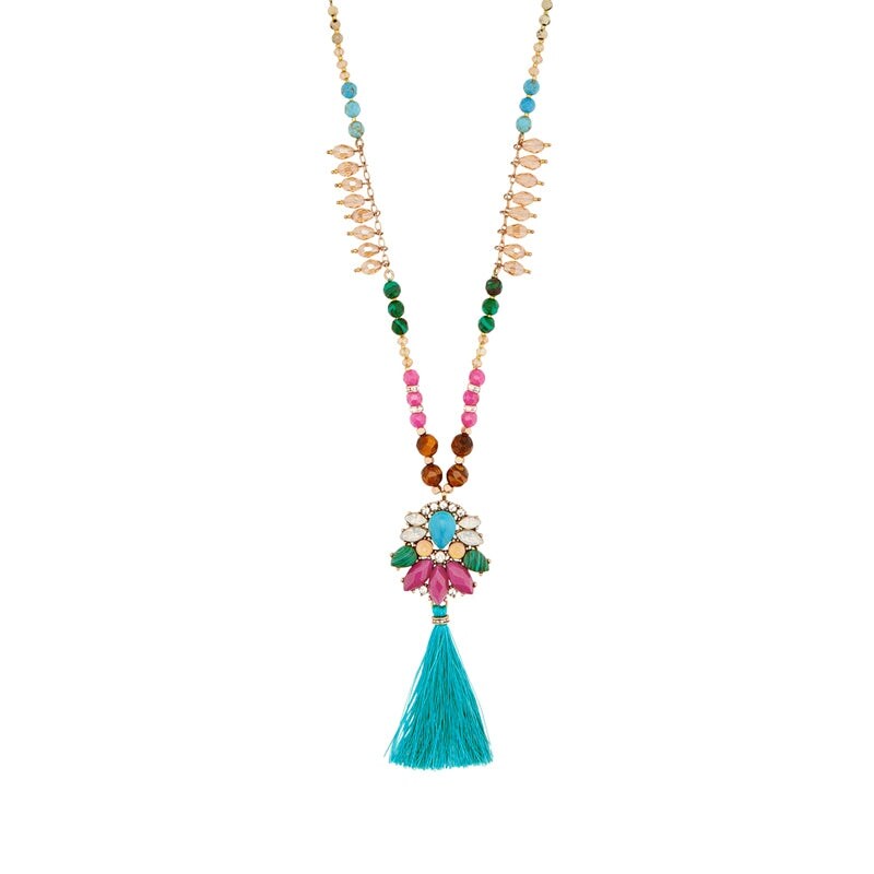 Multi Colored Turquoise Tasseled Necklace - White