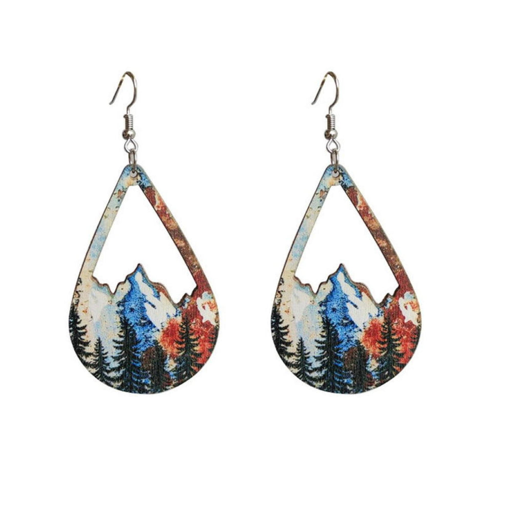 Multi Colored Wooden Mountain Range Teardrop Earrings