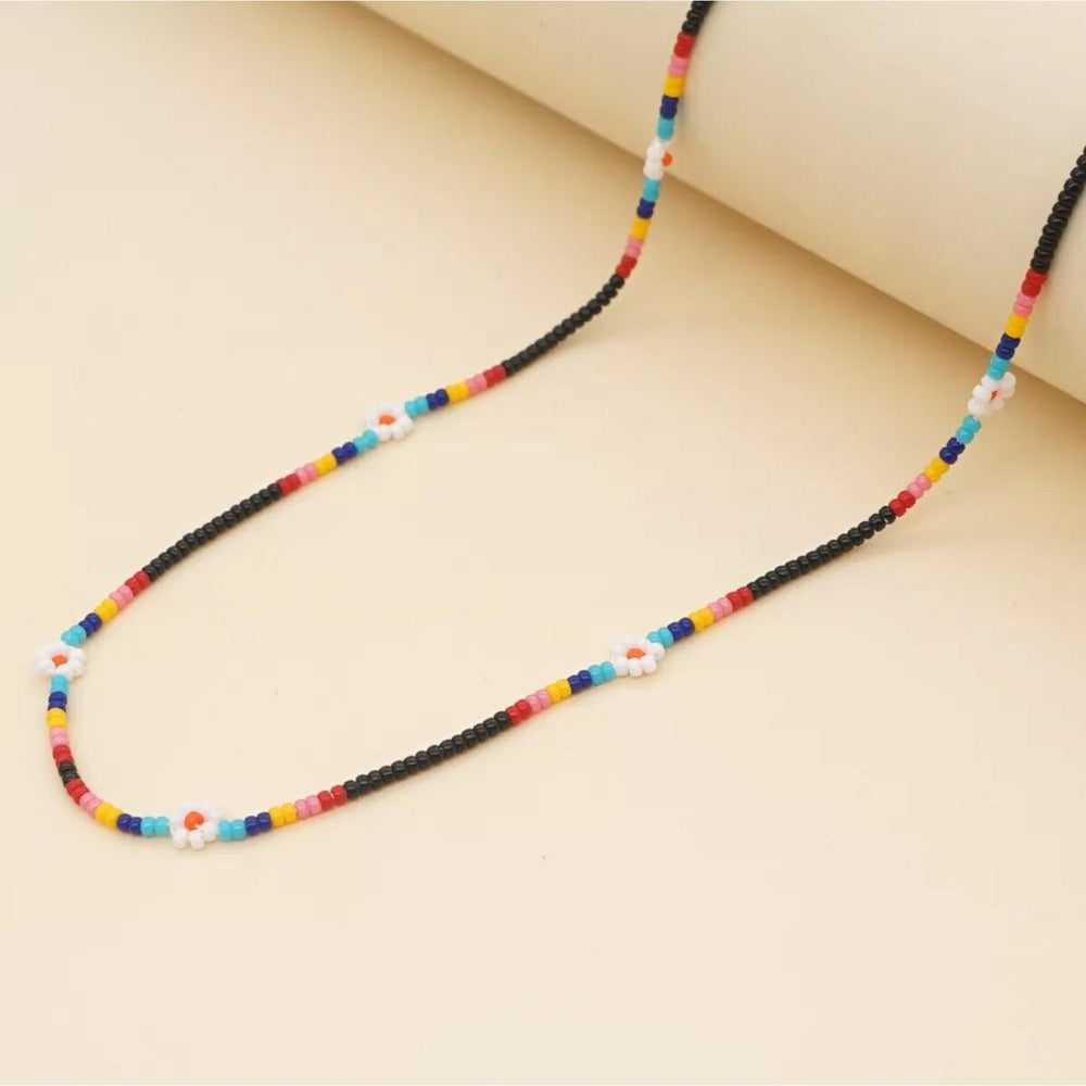 Multi Coloured & Black Beaded Necklace With Daisies - White