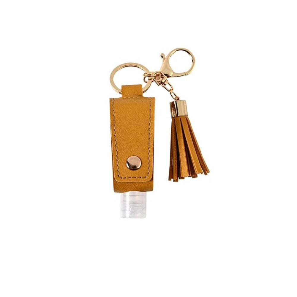 Mustard Goldtone Tassel Hand Sanitizer Keychain With Empty Bottle