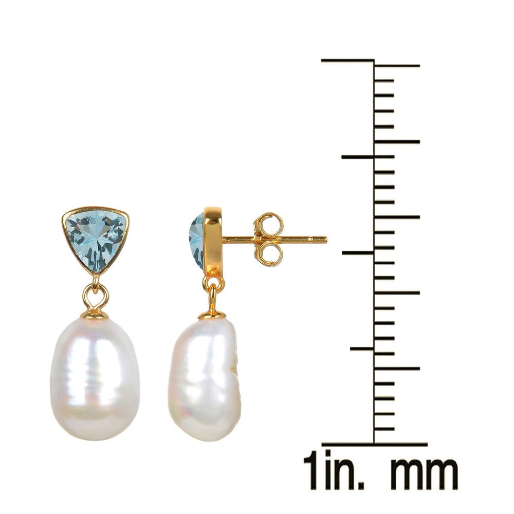 Natural Aquamarine and Freshwater Pearl Gold Over Sterling Silver Dangle Earrings