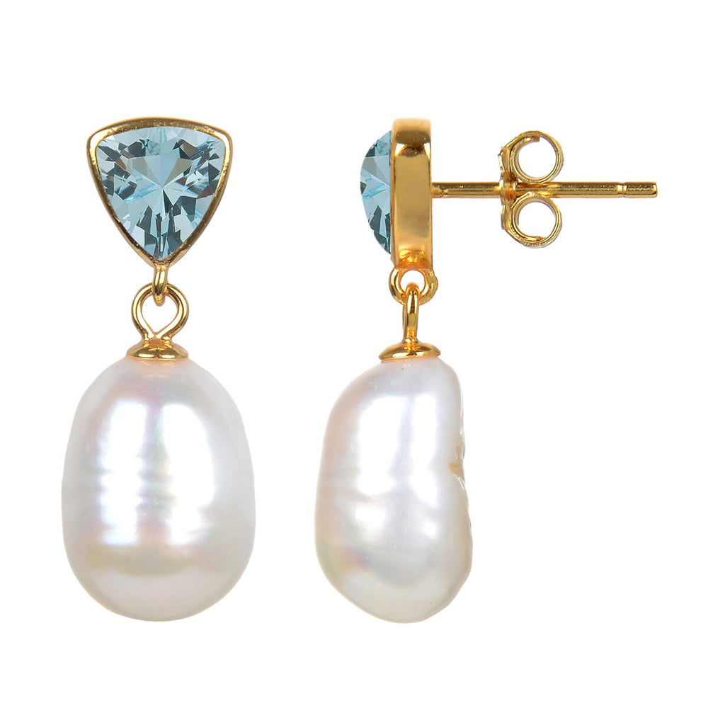 Natural Aquamarine and Freshwater Pearl Gold Over Sterling Silver Dangle Earrings