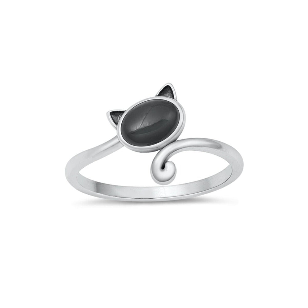 Natural Black Agate and Sterling Silver Cat Ring