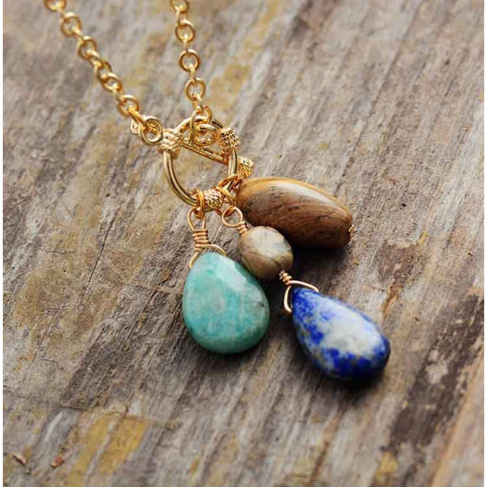 Natural Gemstone & Goldtone Toggle Teardrop Triple Pendant Necklace - White