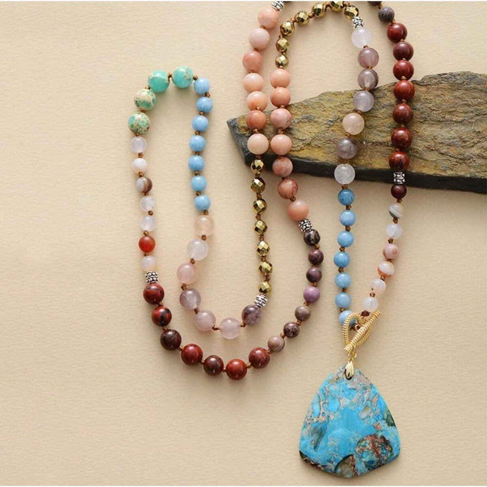 Natural Jasper & Gemstone Beaded Pendant Necklace - White