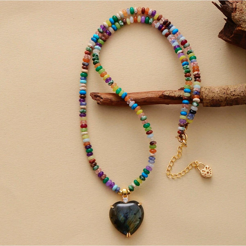 Natural Labradorite & Natural Jade Heart Pendant Necklace - White