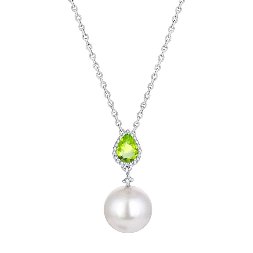 Natural Peridot and Shell Pearl Drop Pendant with 18" Chain